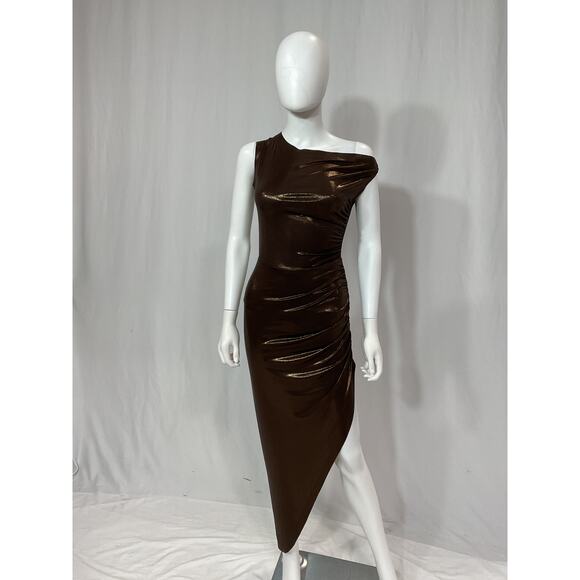 Norma Kamali Brown Drop Off Shoulder Side Drape Hi Lo Gown Size XS - Picture 2 of 5
